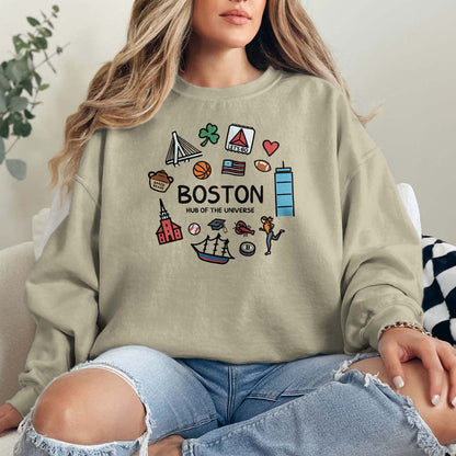 Adult Boston Doodles Icons Crewneck Sweatshirt