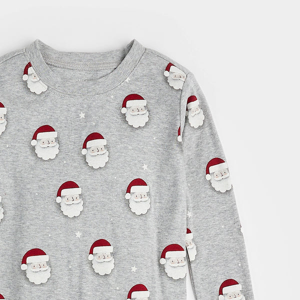 long sleeve grey pajamas with Santa Claus faces all over