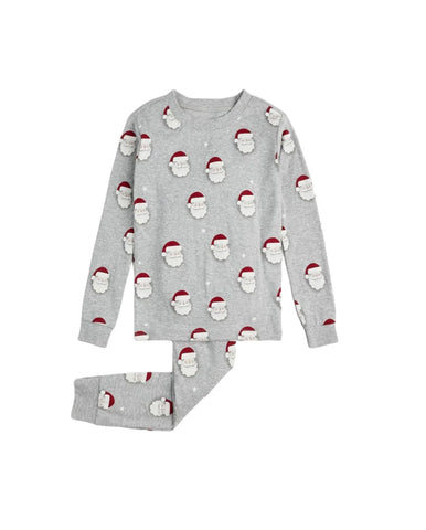 long sleeve grey pajamas with Santa Claus faces all over