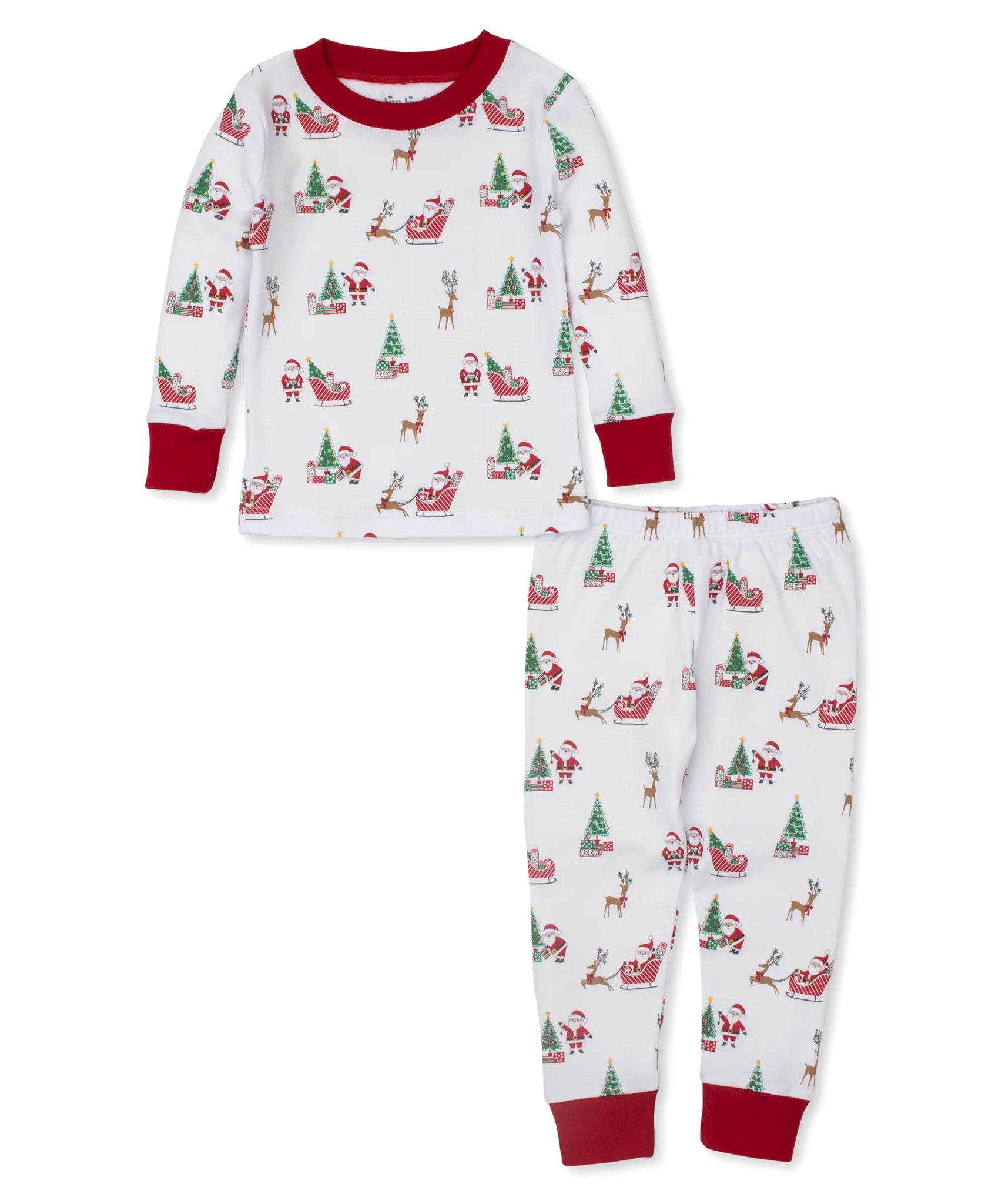 white background with santa sleighs, christmas trees, reindeer with red contrast cuffs