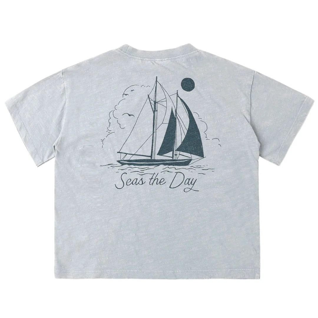 Gray t-shirt with sailboat graphic and &