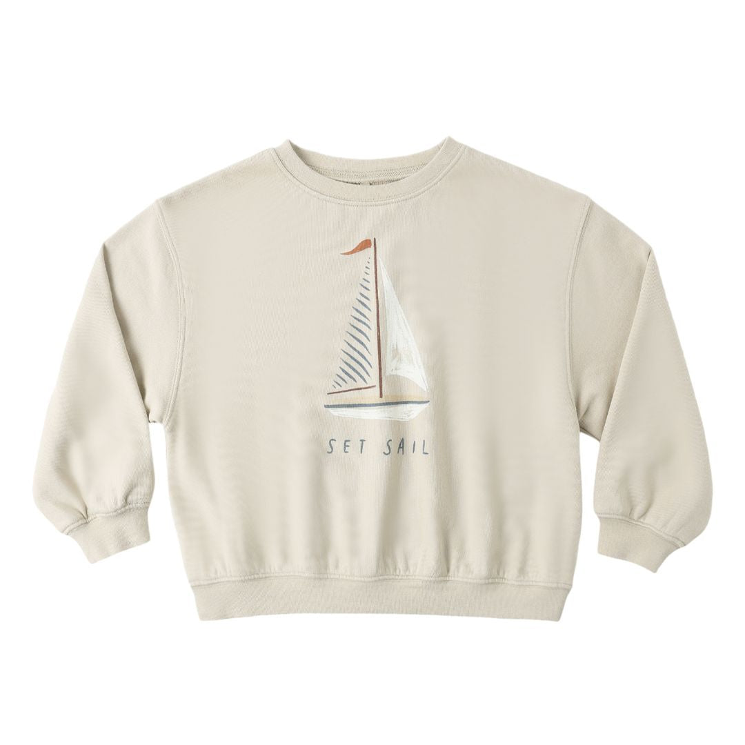 Beige sweatshirt with sailboat graphic and &