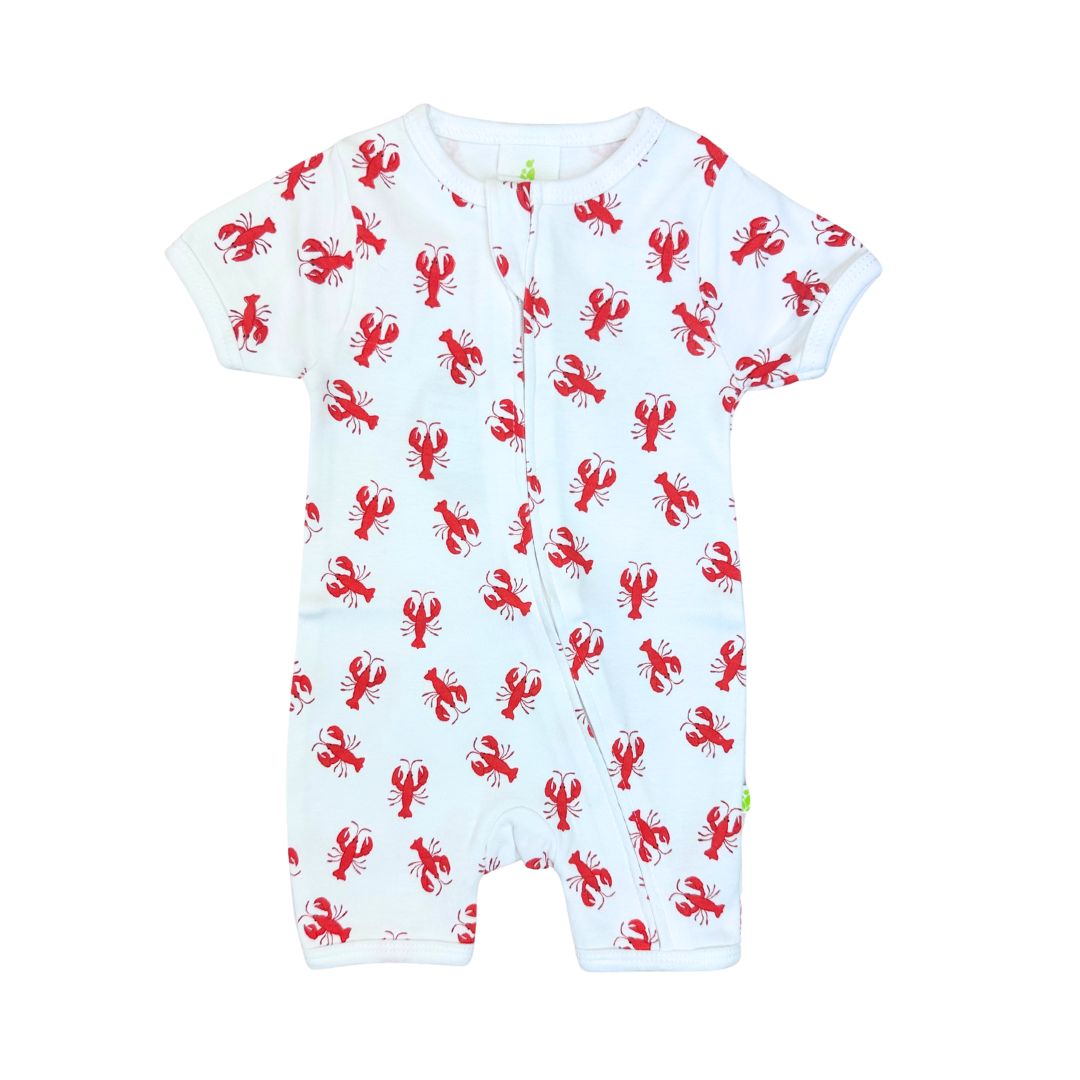 Baby romper with red lobster pattern on a white background