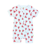 Baby romper with red lobster pattern on a white background