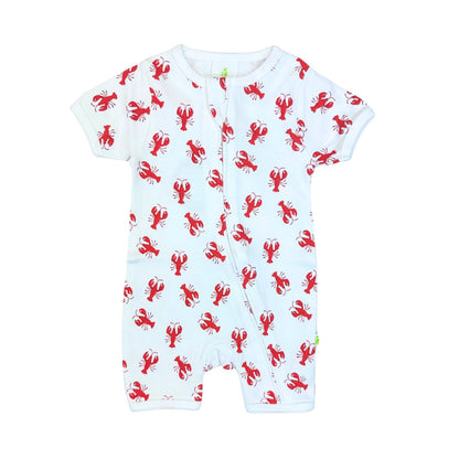 Baby romper with red lobster pattern on a white background