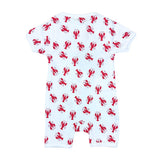 White baby romper with red lobster pattern on a white background