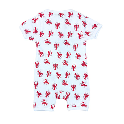 White baby romper with red lobster pattern on a white background