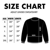 Size chart graphic for an adult unisex sweatshirt, showing a size table from S to 2XL with width and length measurements, alongside a black sweatshirt illustration marked with width and length lines.