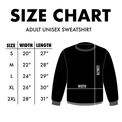 Size chart graphic for an adult unisex sweatshirt, showing a size table from S to 2XL with width and length measurements, alongside a black sweatshirt illustration marked with width and length lines.