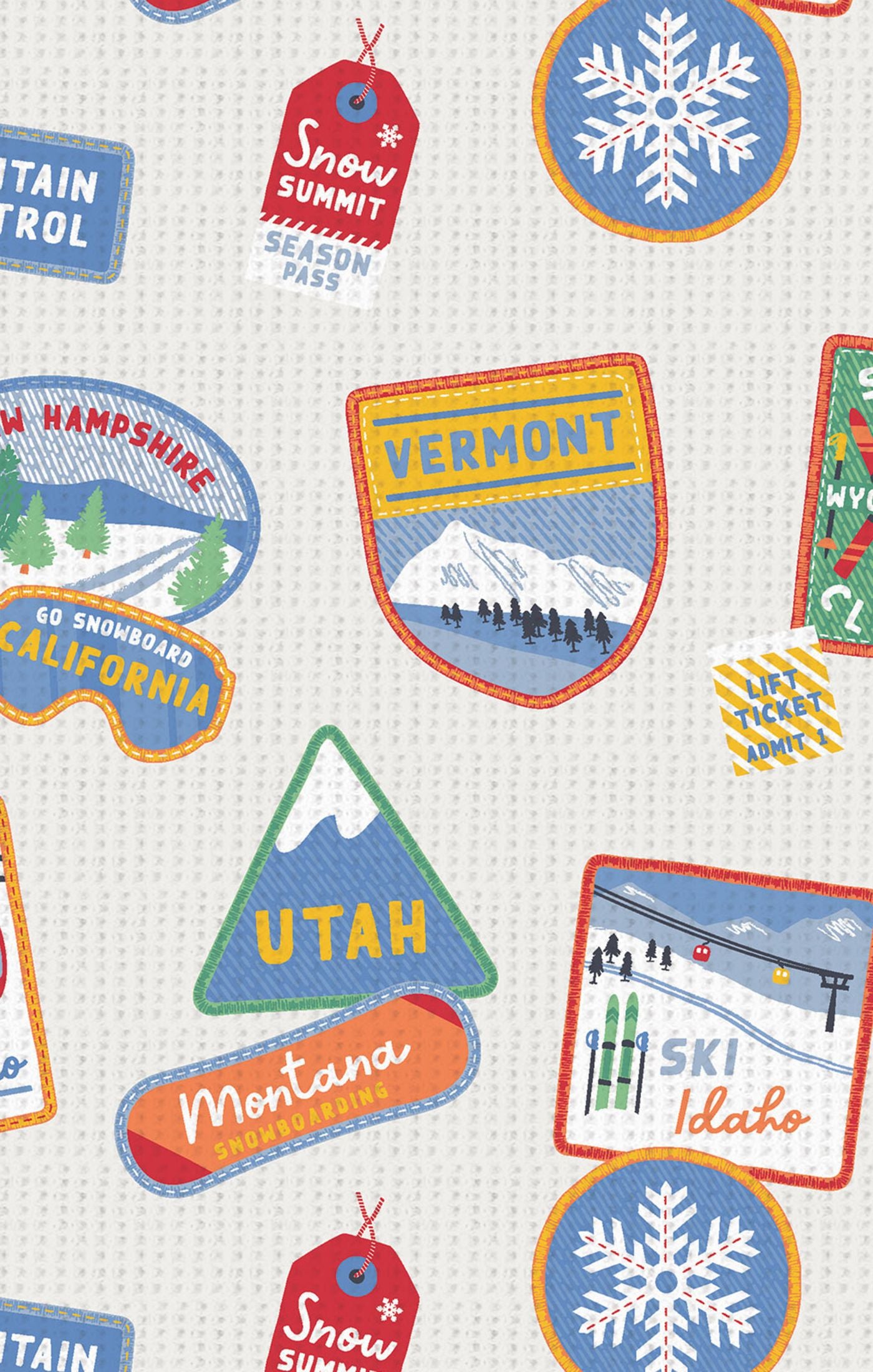 Pattern of colorful stickers with mountain and travel-themed designs on a white background