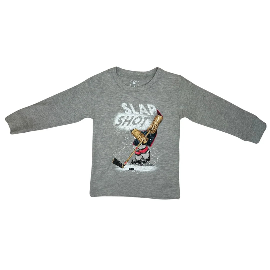 Gray long-sleeve shirt with a hockey graphic design on a white background
