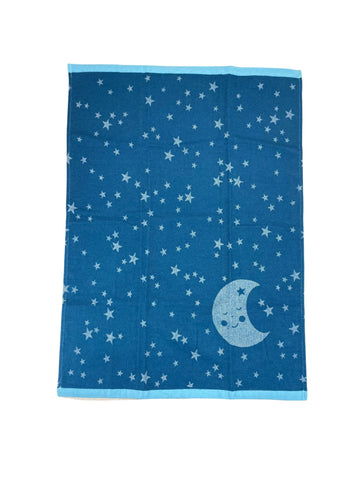 blue blanket with stars and crescent moon