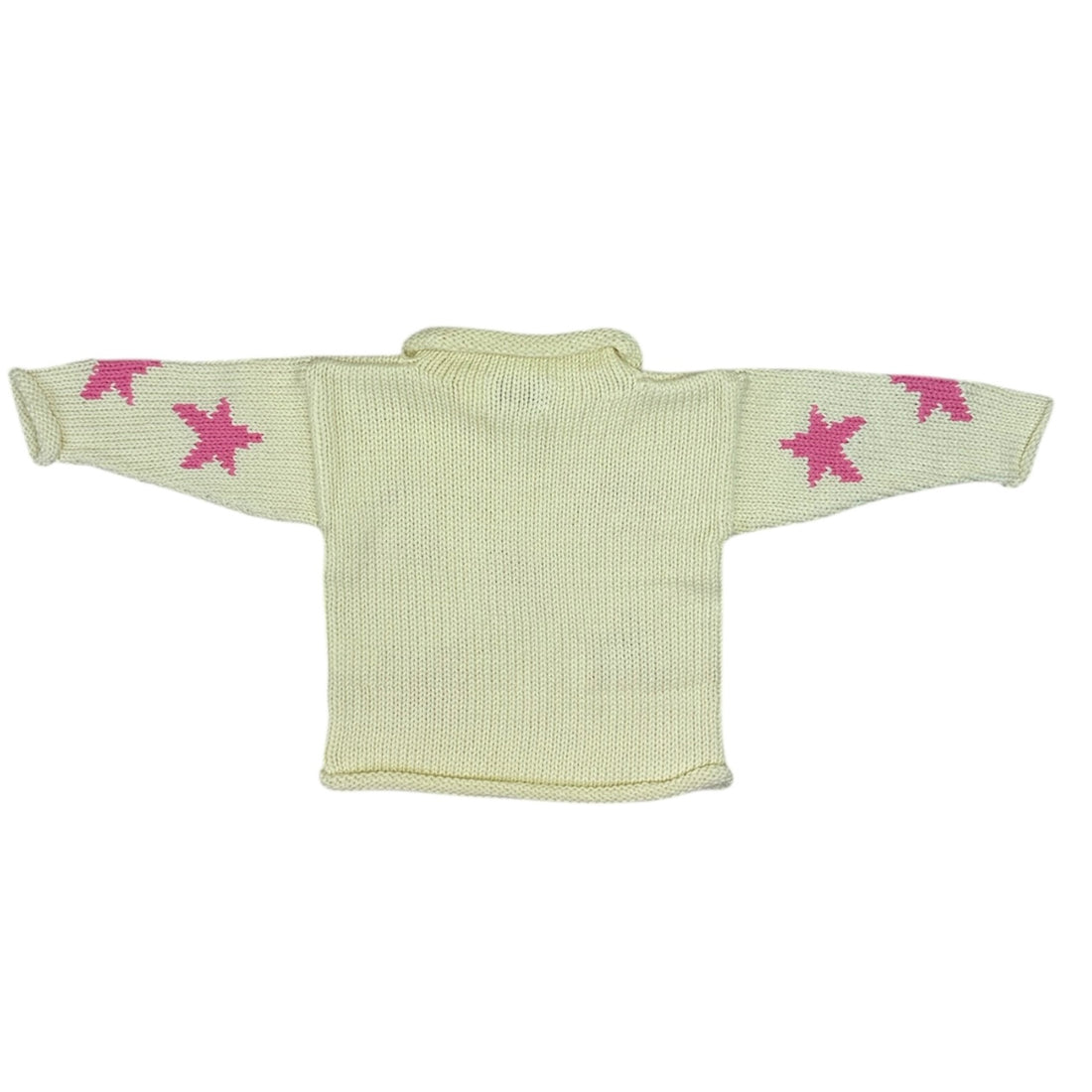Knitted sweater with pink star patterns on a ivory background