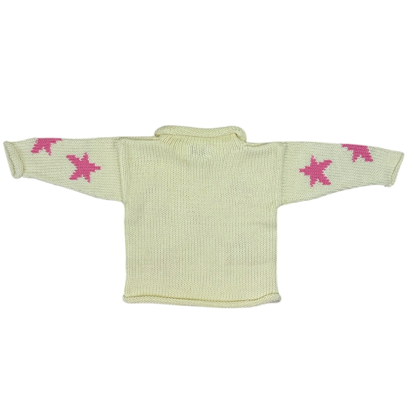 Knitted sweater with pink star patterns on a ivory background