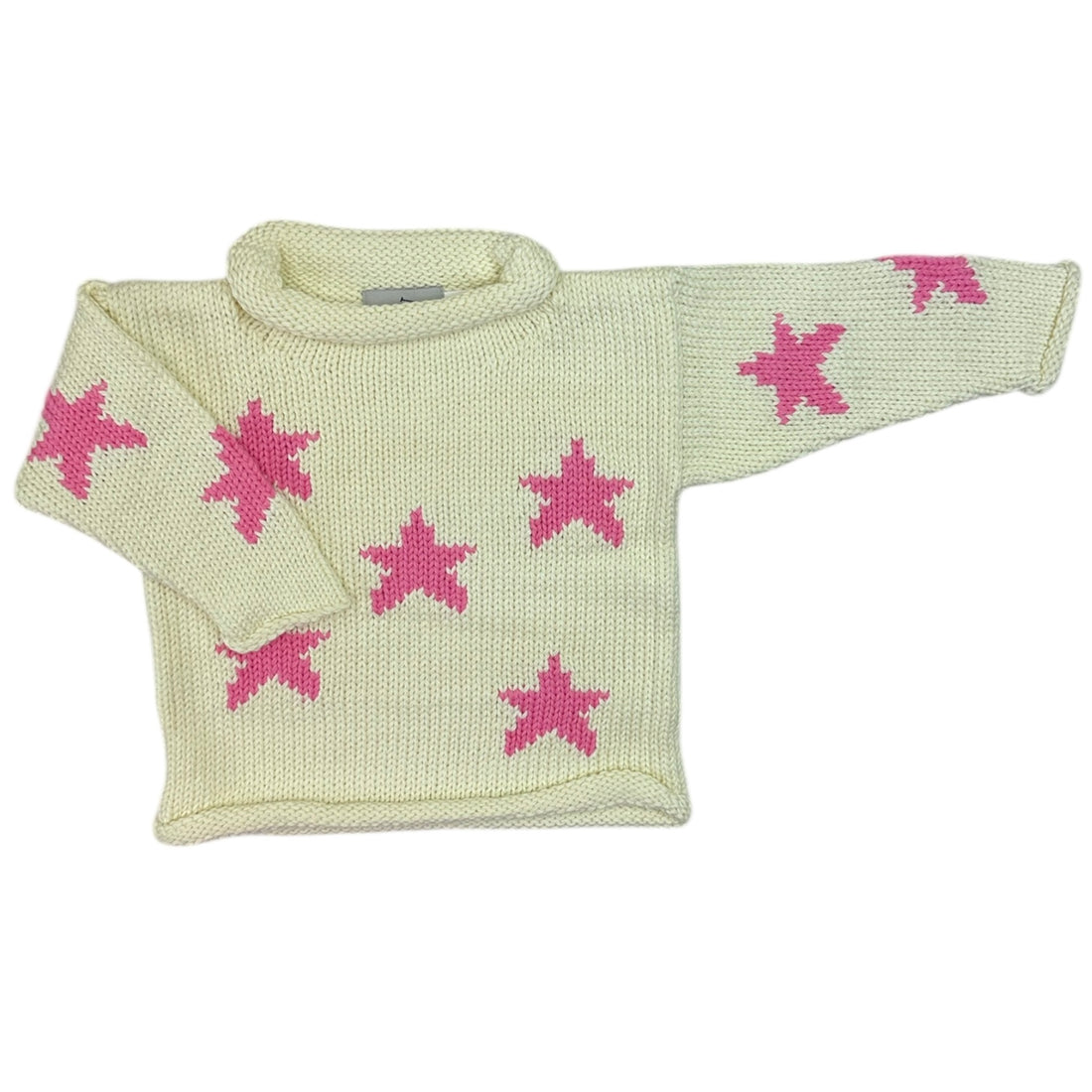Ivory sweater with pink star patterns on a white background