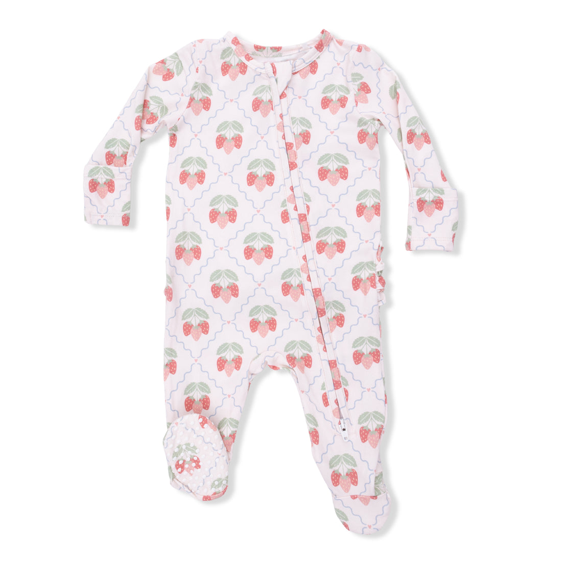 Baby onesie with strawberry pattern on a white background