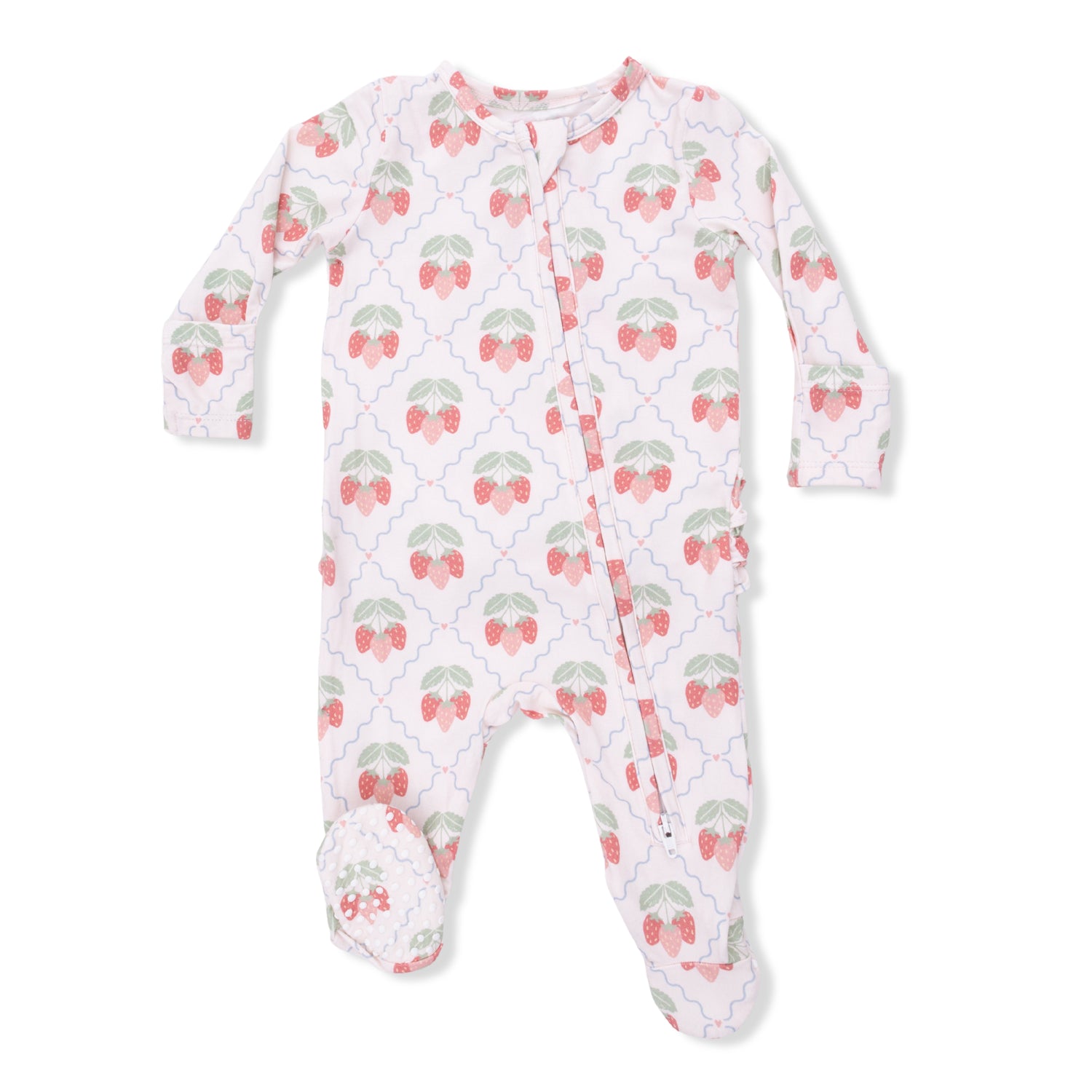 Baby onesie with strawberry pattern on a white background