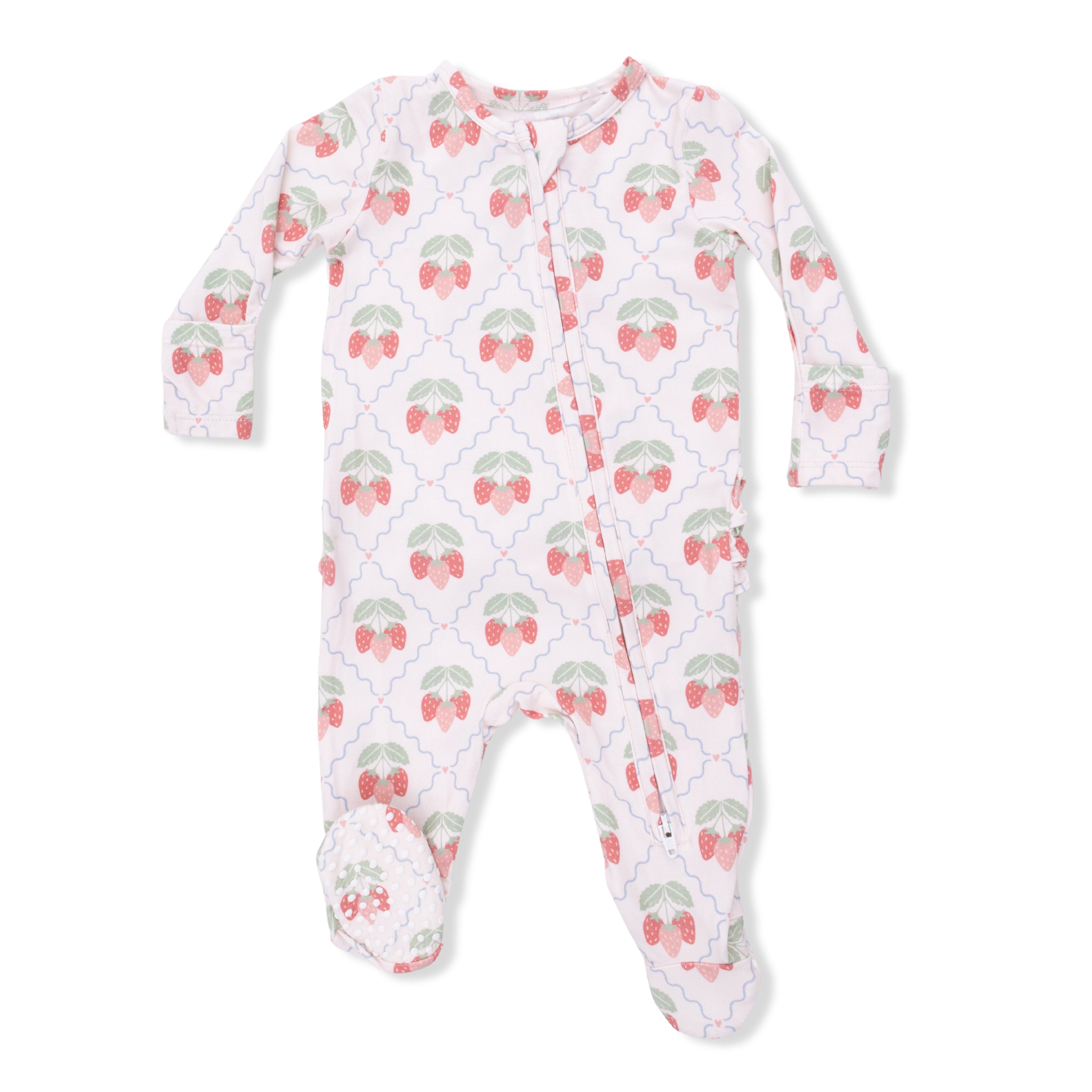 Baby onesie with strawberry pattern on a white background
