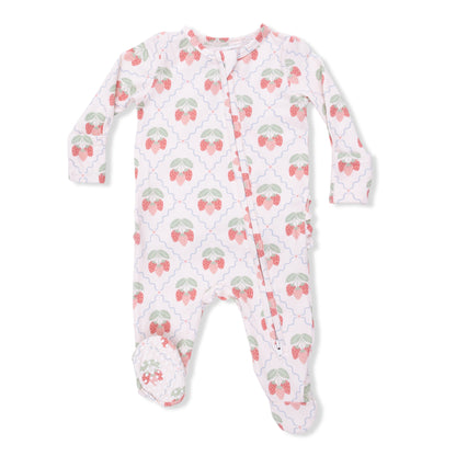 Baby onesie with strawberry pattern on a white background