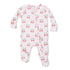 Baby onesie with strawberry pattern on a white background