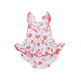 Baby romper with strawberry pattern on a white background
