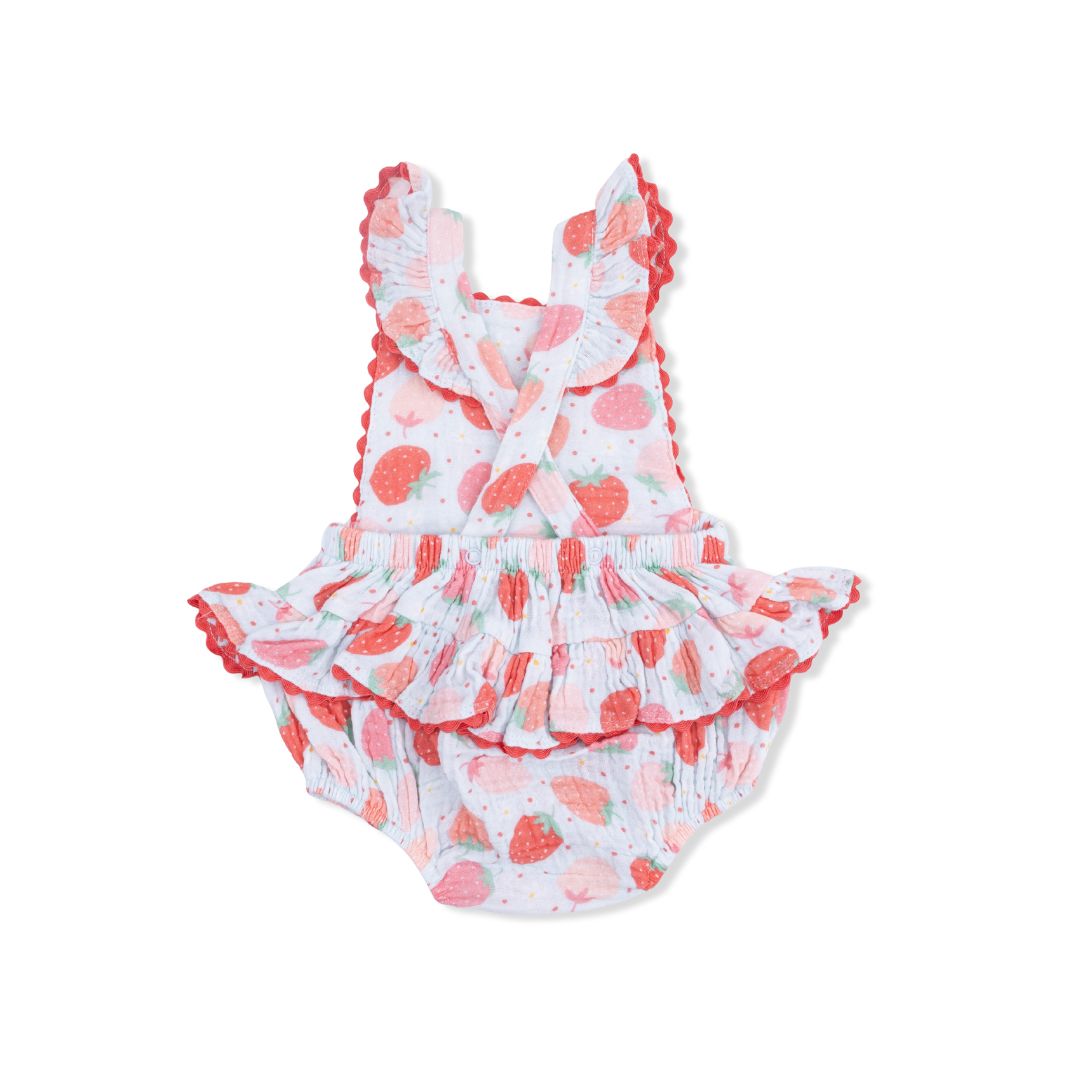 Baby romper with strawberry pattern on a white background