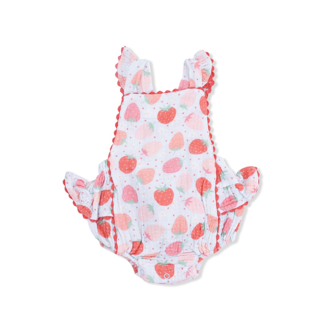 Baby romper with strawberry pattern on a white background