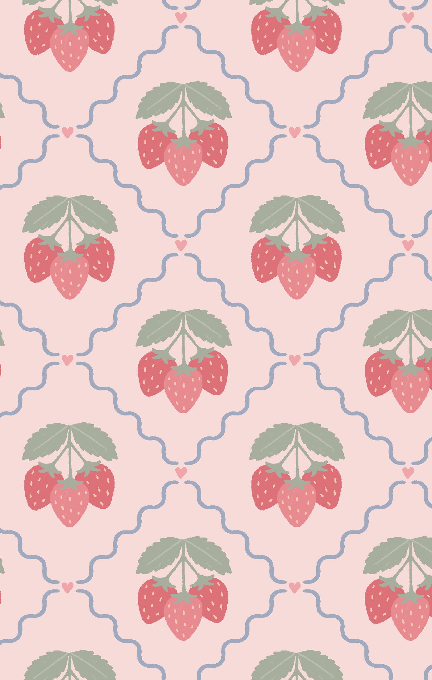 Pattern of red strawberries with green leaves on a pink background