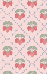 Pattern of red strawberries with green leaves on a pink background
