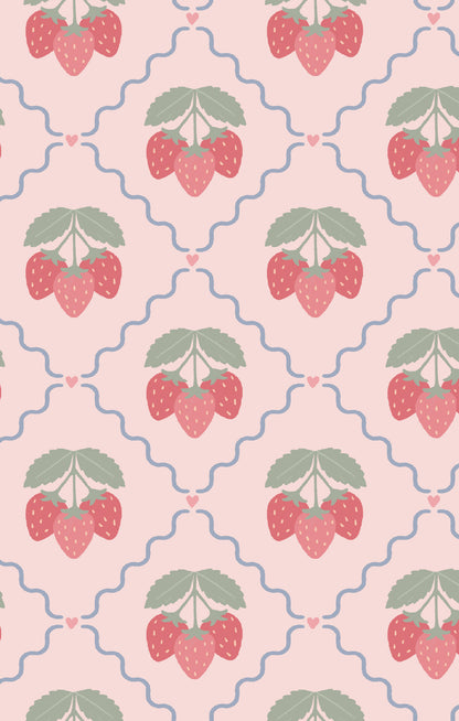 Pattern of red strawberries with green leaves on a pink background