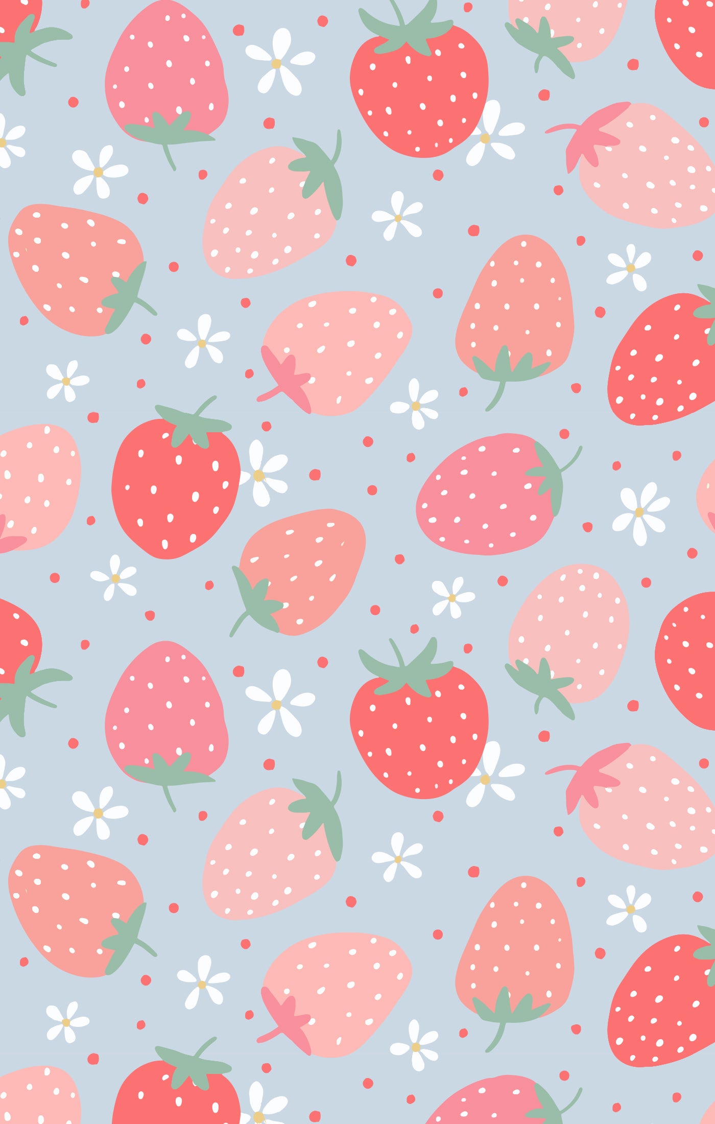 Pattern of strawberries and flowers on a light blue background