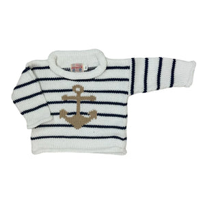 white and navy striped sweater with tan anchor