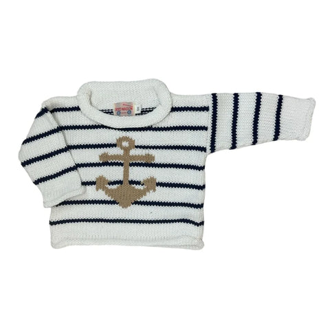 white and navy striped sweater with tan anchor