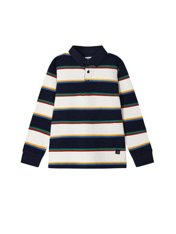 navy and white striped with green, red, yellow and blue stripes