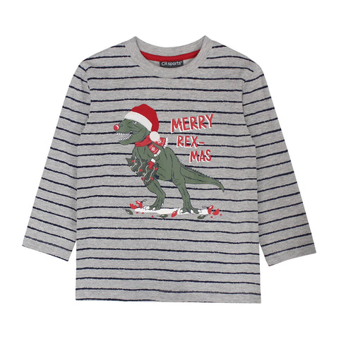 striped shirt with t-rex dressed up in Christmas garb