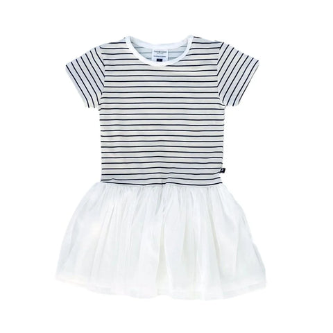 top is short sleeve white with navy stripes and bottom is white tulle skirt