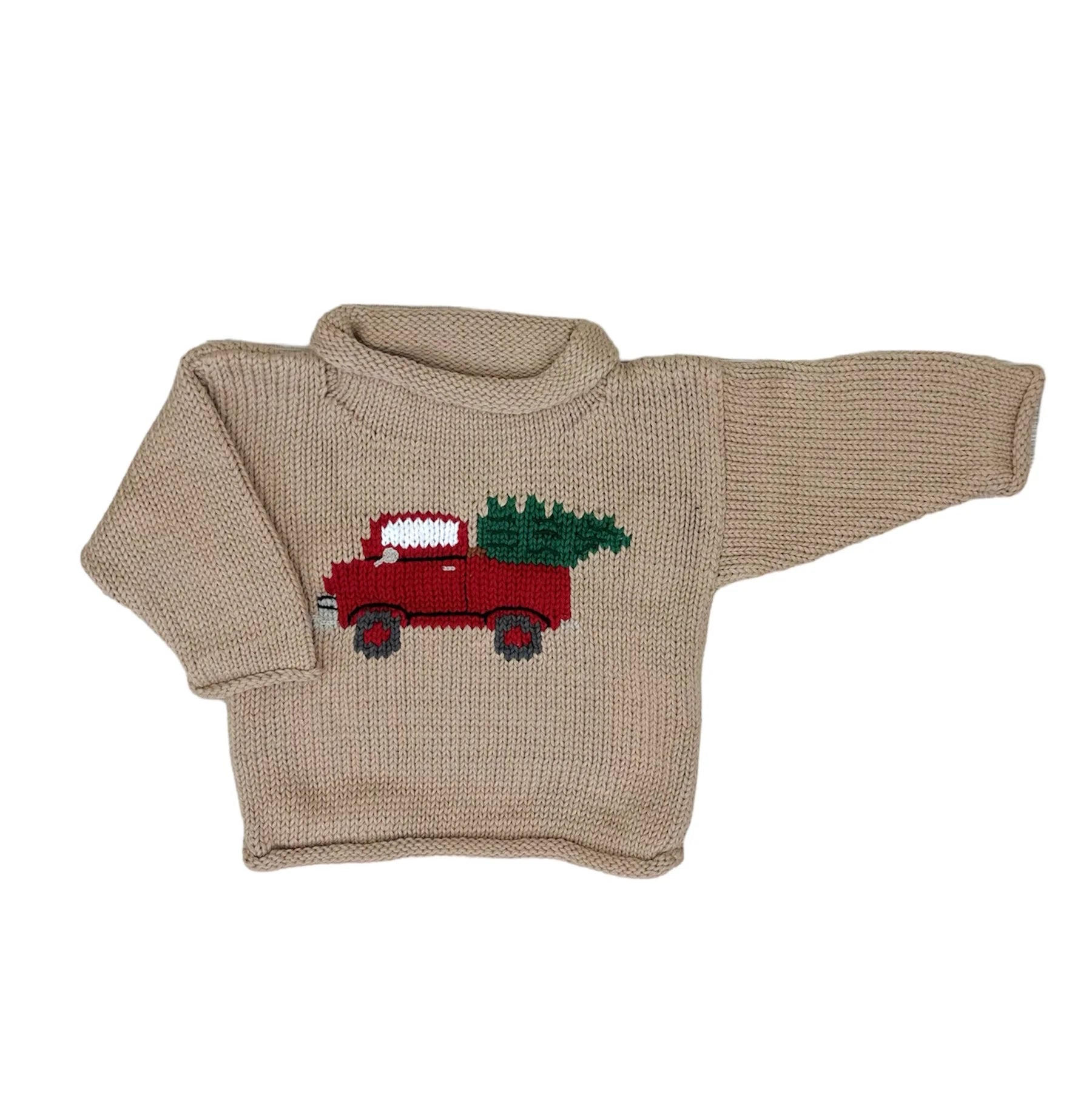 tan sweater with red pickup truck and tree