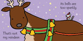 Cartoon reindeer with bells on a purple background, featuring text.
