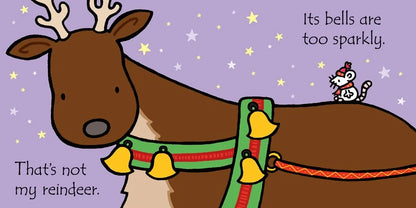Cartoon reindeer with bells on a purple background, featuring text.