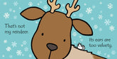 Cartoon reindeer with text on a blue background with snowflakes