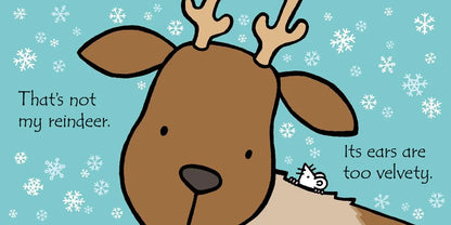 Cartoon reindeer with text on a blue background with snowflakes