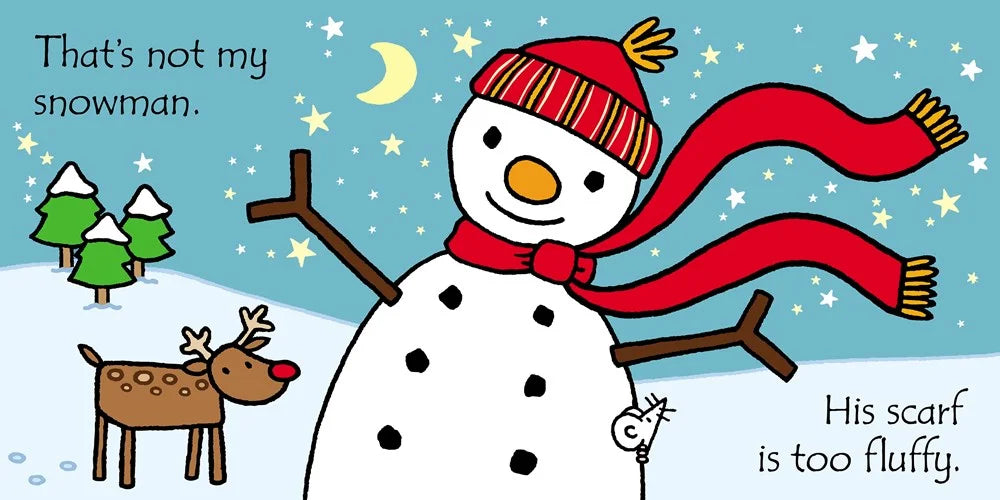 Cartoon snowman with a red scarf, reindeer, and trees on a snowy night background.
