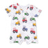 Baby romper with colorful tractor pattern on a white background