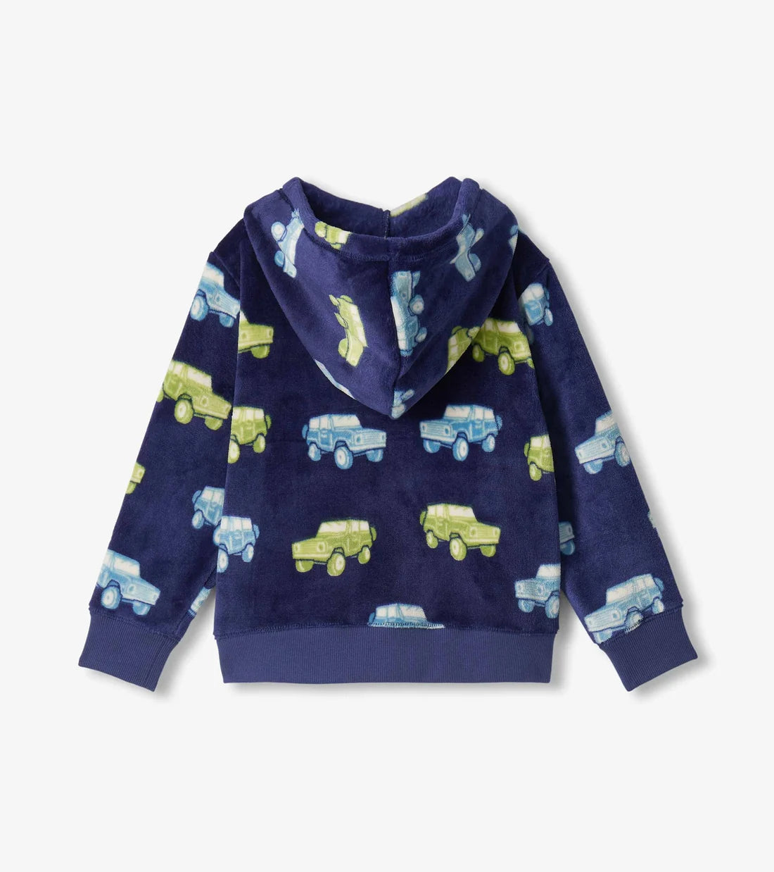 A navy blue hooded sweatshirt with a plush texture, featuring an all-over print of cartoon-style cars in light blue, lime green, and white, displayed on a light gray background.