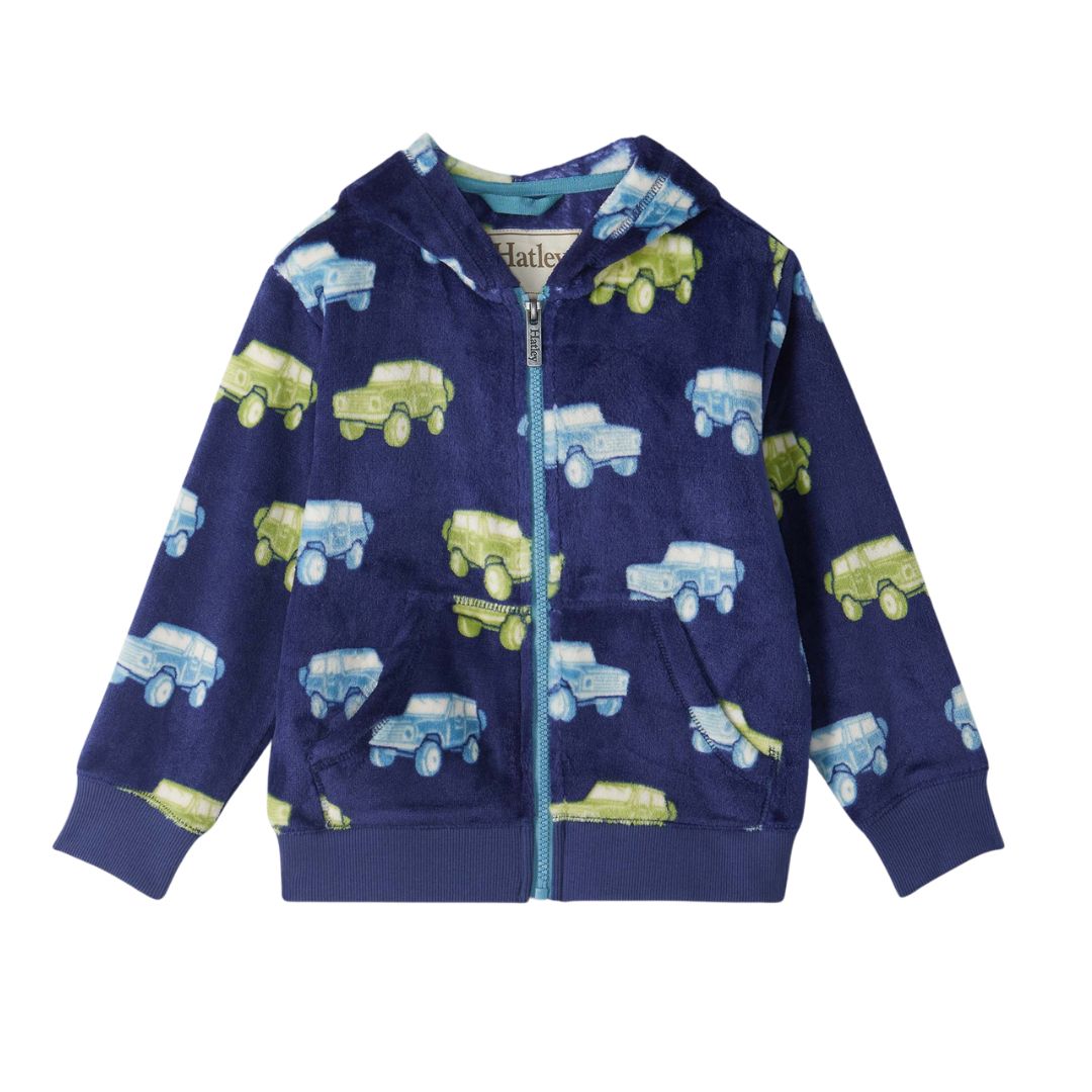 A navy blue zip-up hoodie for toddlers, featuring an all-over print of colorful vintage cars in light blue, green, and white. The hoodie has a front zipper, a hood, and two front pockets, shown against a plain white background.