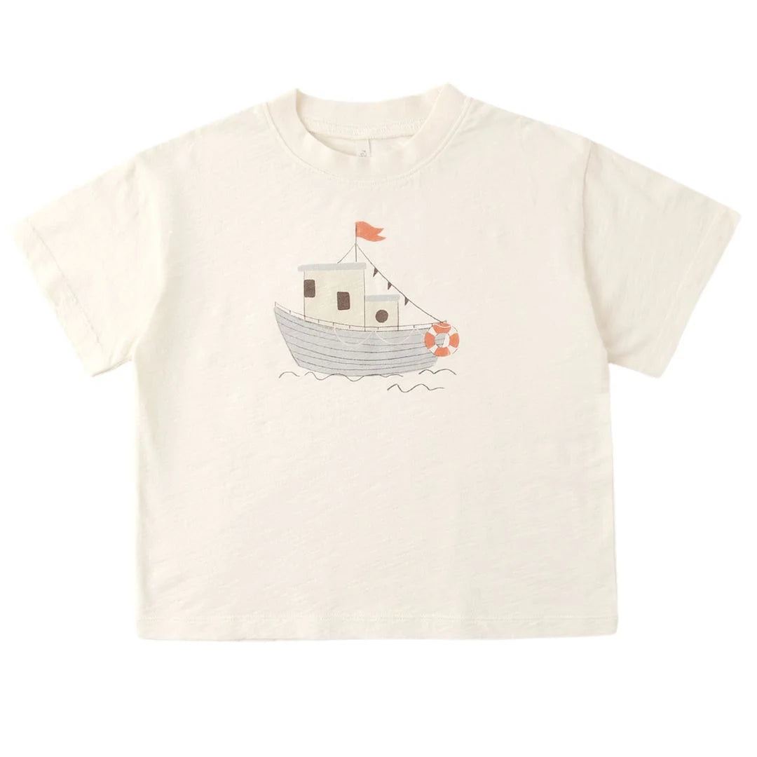 White t-shirt with a boat graphic on a white background