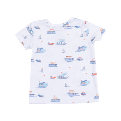 White/Blue Tugboats Crewneck Tee &amp; Short 2pc Set