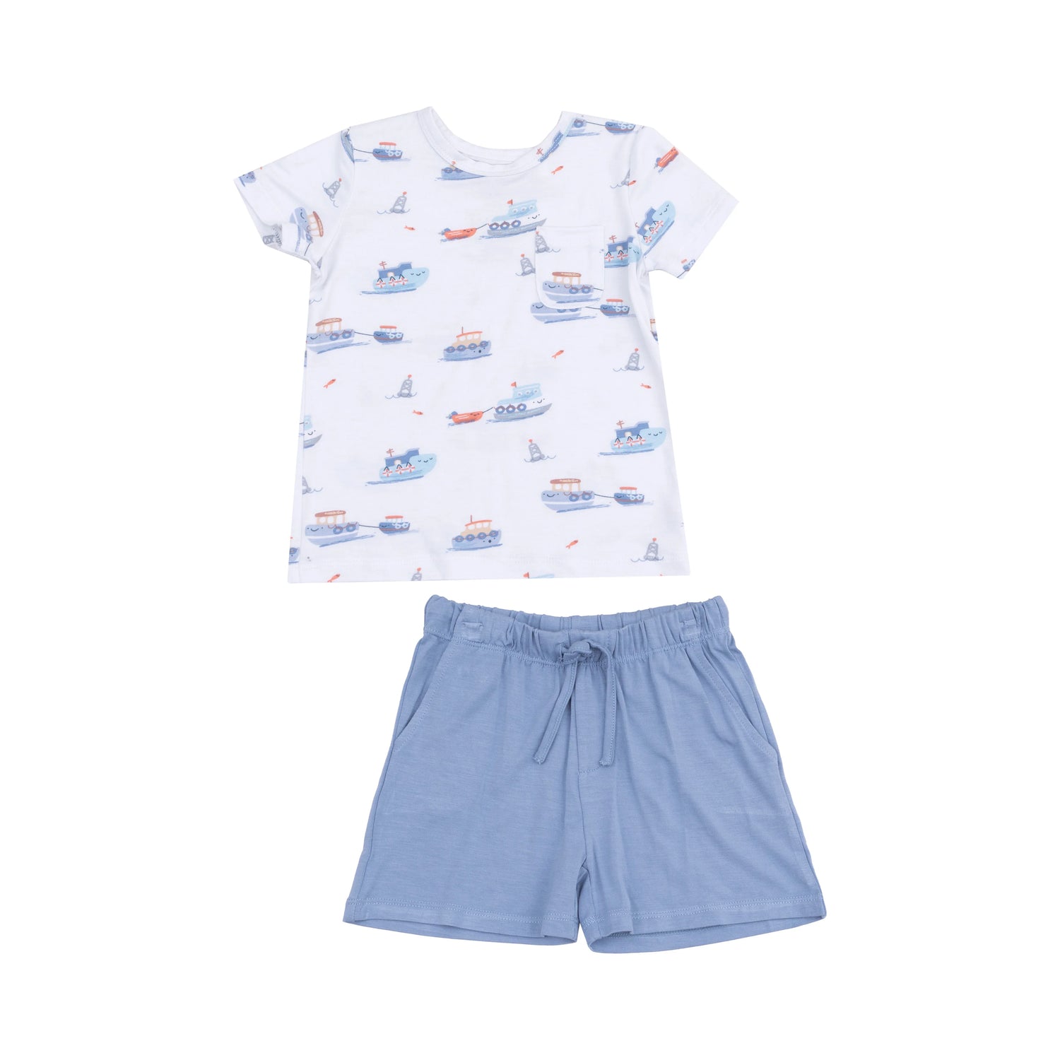 White/Blue Tugboats Crewneck Tee &amp; Short 2pc Set