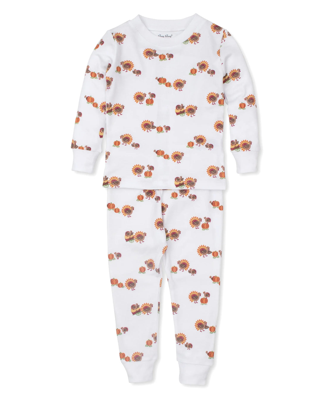 white pajamas long sleeve top and long pants with turkey and pumpkin design