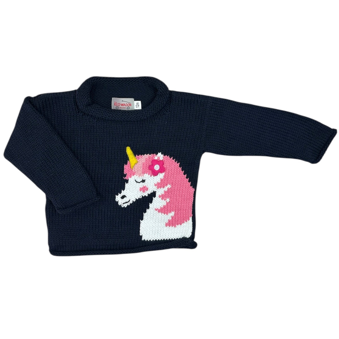 Navy blue sweater with a unicorn design on a white background